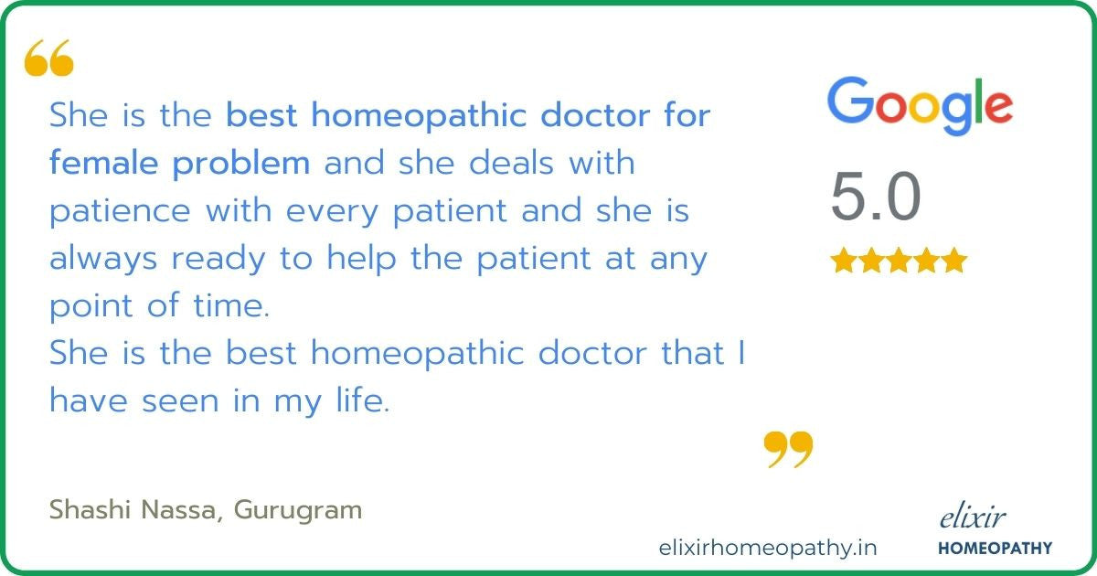 Google review with 5-star rating given to Elixir Homeopathy by a patient for successful treatment of her female infertility issues.