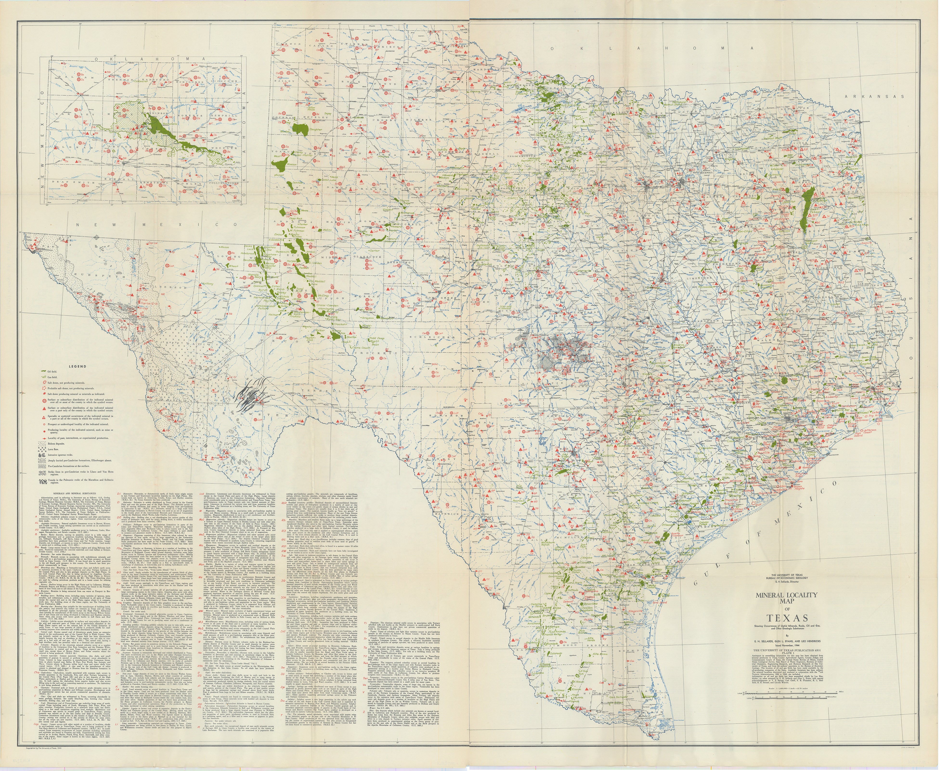 Mineral Locality Map of Texas: Sellards, Evans & Hendricks, 1944