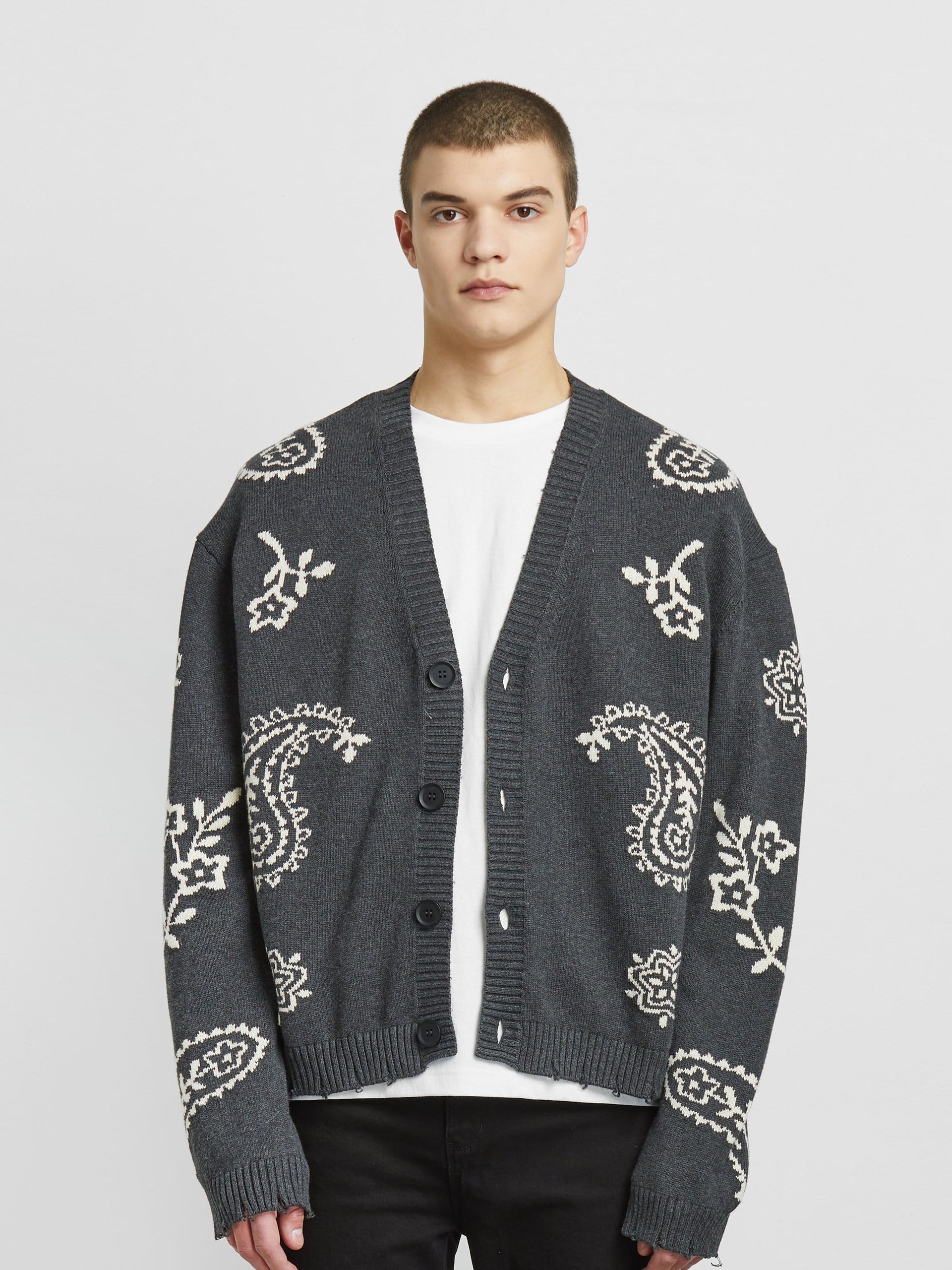 Knit Paisley Cardigan Sweater in Dark Gray - Profound