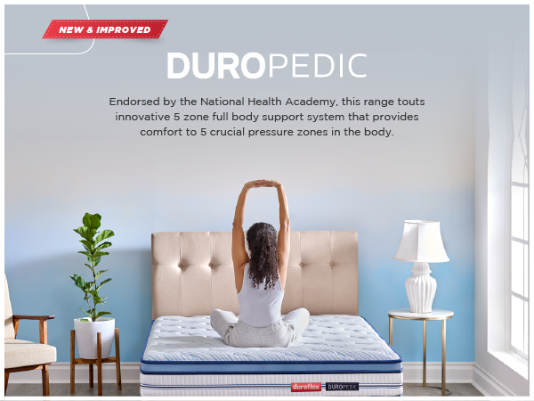 Duropedic - Experience the Duropedic mattress range, endorsed by the National Health academy and scientifically tested for great orthopedic support. This innovative range features a 5 zone full body support system that provides comfort to 5 crucial pressure zones in the body, correcting your posture, aligning your spine, and relieving back & joint pain. 