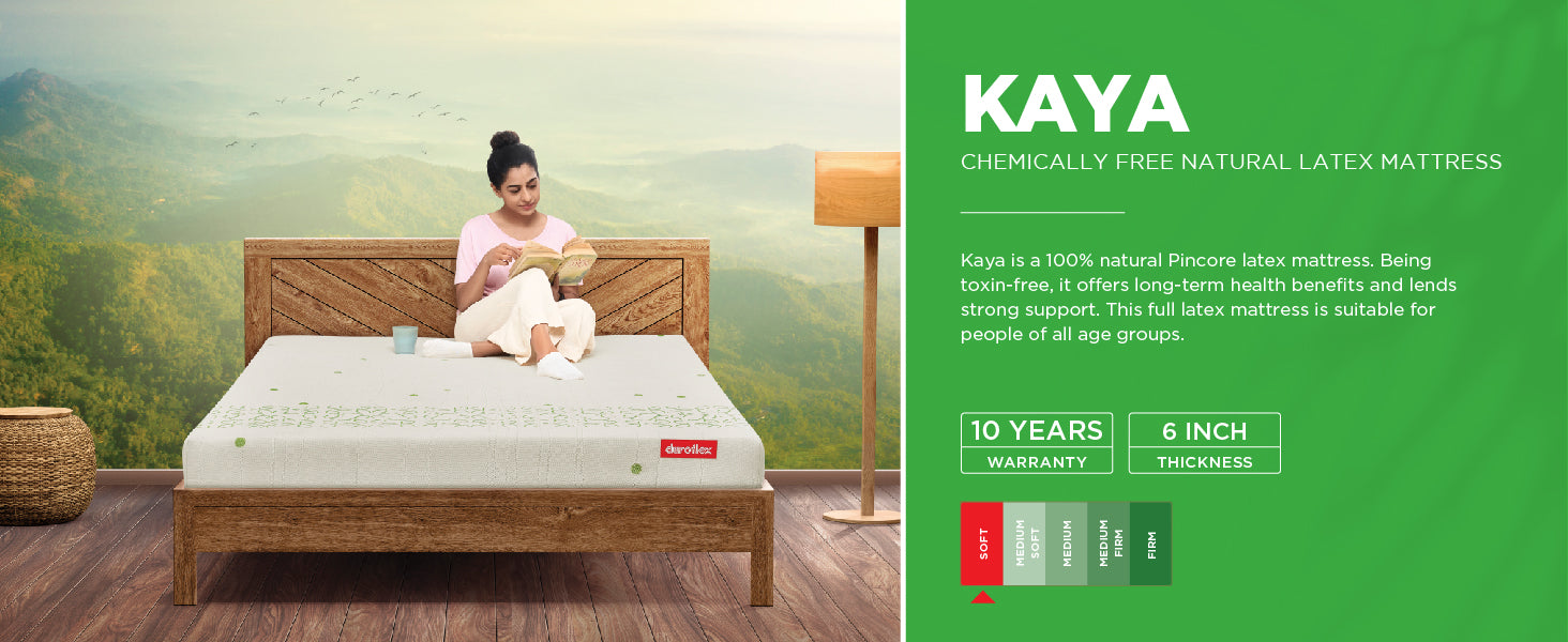 Chemically Free Natural Latex Mattress Kaya is a 100% natural Pincore latex mattress. Being toxin-free, it offers long-term health benefits and lends strong support. This full latex mattress is suitable for people of all age groups.