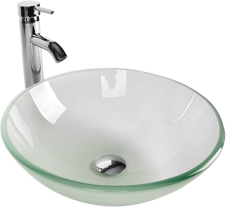 Tempered Glass Vessel Bathroom Vanity Sink Round Bowl With Chrome