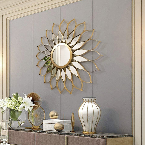 Large Golden Sunflower Patterned Wrought Iron Wall Mirror Of Sizes 70, 80, 90 and 100cm is waterproof, corrosion resistant and scratch resistant, available exclusively on Shahi Sajawat India, the world of home decor products. Best trendy home decor, living room and kitchen decor ideas of 2019.