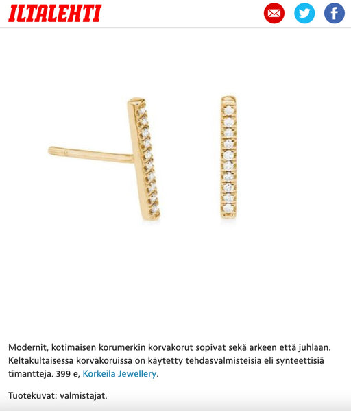 Korkeila Jewelleryn eettiset timanttikorvakorut Ilta-lehdessä