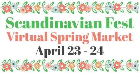 Scandinavian Fest Spring Market Ad with pink and green flowers.