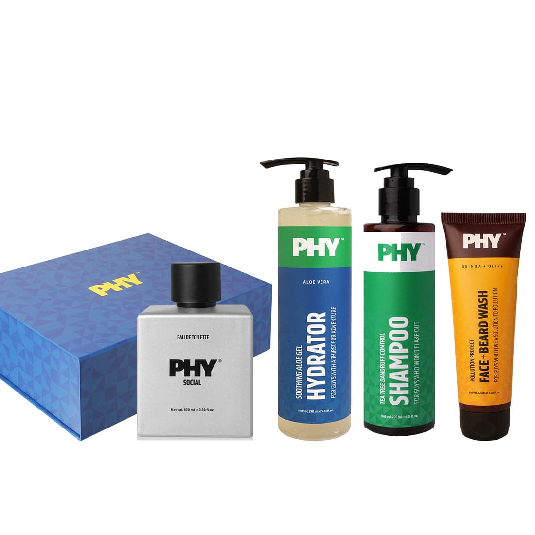 

Phy Get The Party Started Gift Set | EDT + Face and Beard Wash + Shampoo | Long-lasting fragrance | Gently cleanses and conditions | For all skin and hair types | 100% Vegan | Sulphate & Paraben free