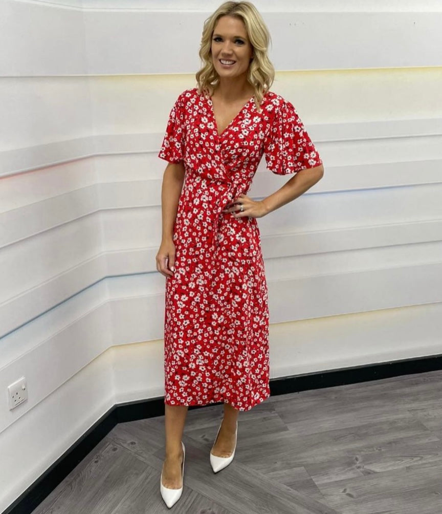 ITV's Charlotte Hawkins presenting Good Morning Britain in a Threadbare Women's Red Floral Print Midi Wrap Dress