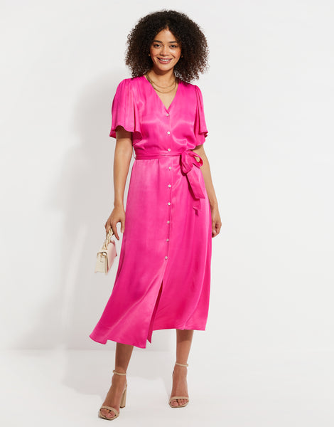 Threadbare Women's Pink Satin Button Down Midi Dress