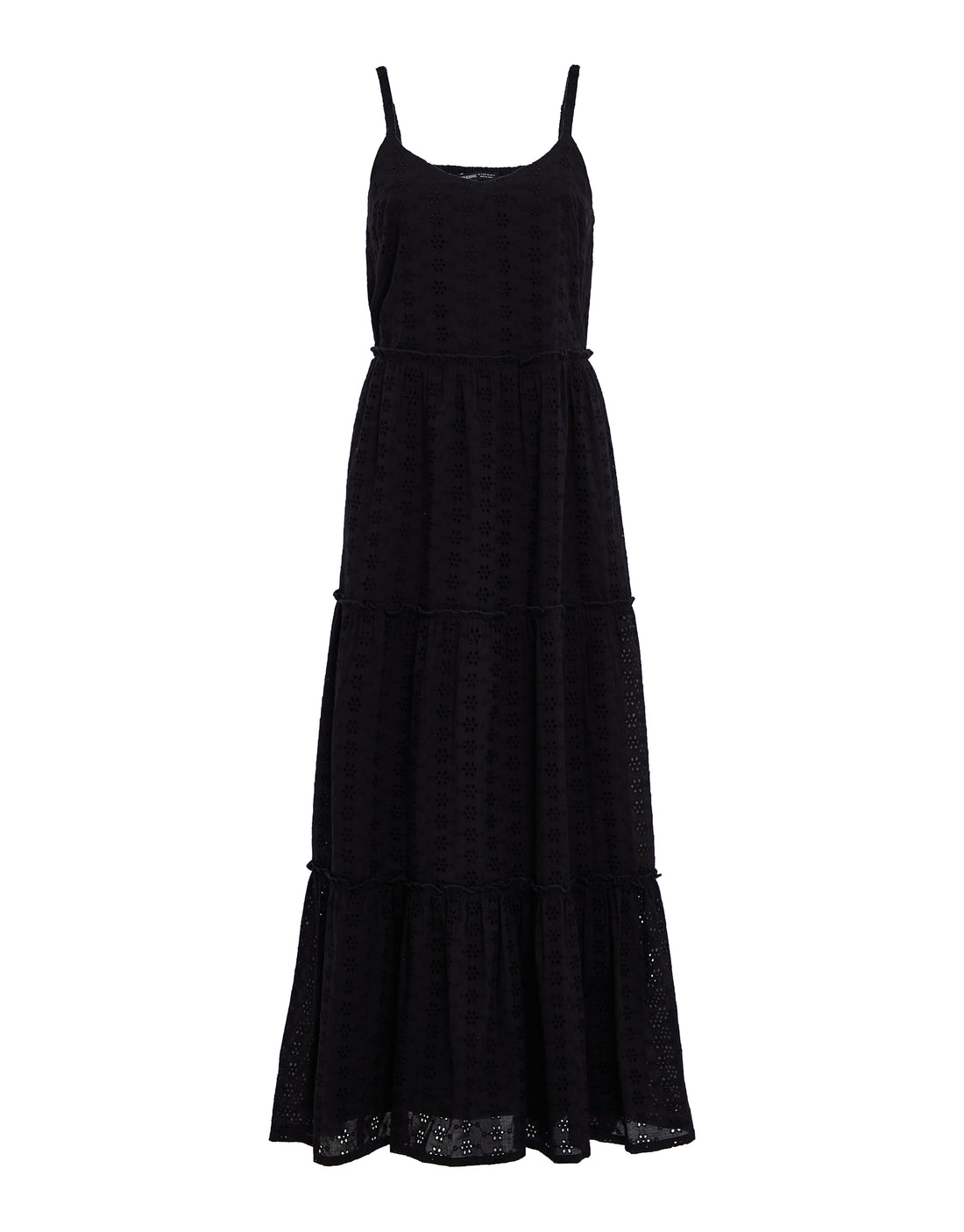 Women's Black Broderie Anglaise Cami Strap Tiered Ladies' Midi Dress ...