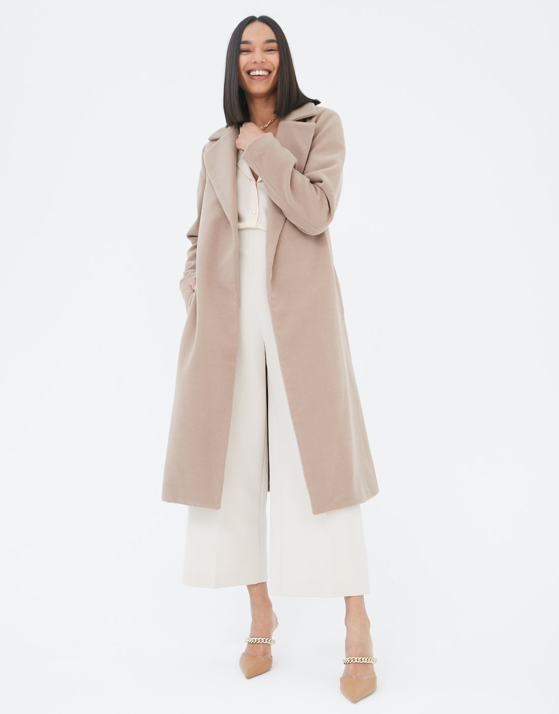 Women's Camel Belted Midi Trench Style Ladies' Formal Coat – Threadbare