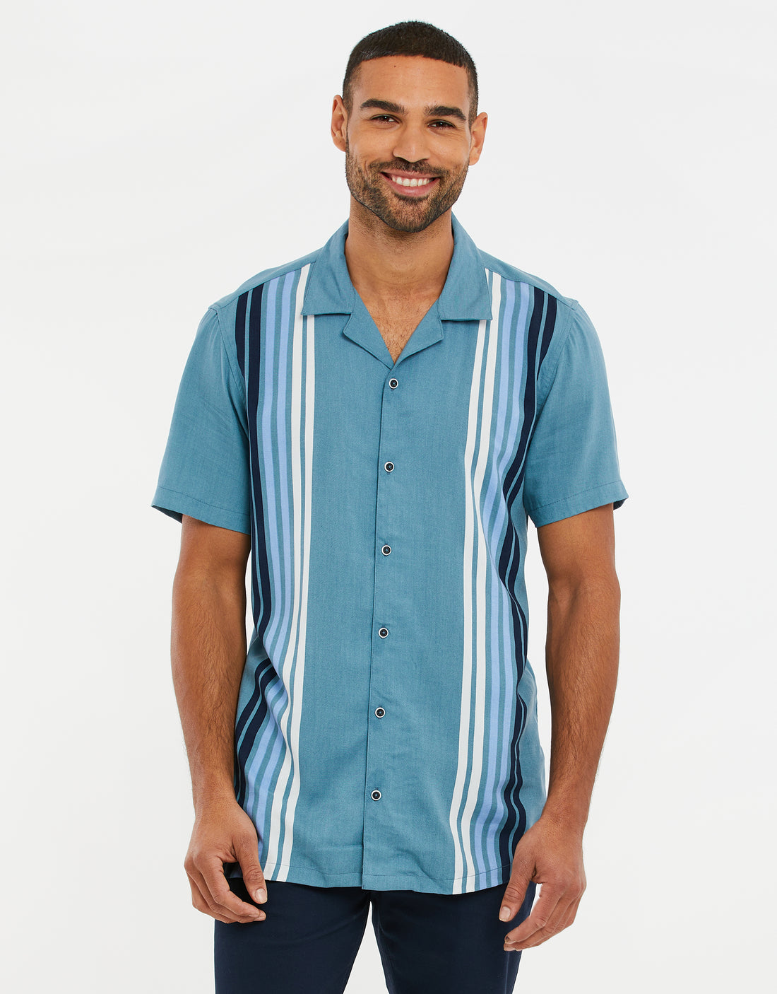 Men's Duck Egg Blue Colourblock Striped Short Sleeve Shirt – Threadbare