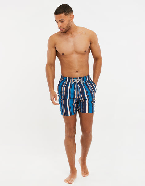 Men's Navy Blue Striped Swim Shorts Swimwear – Threadbare