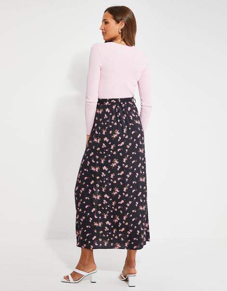 Women's Black Ditsy Floral Print Ladies' Midi Skirt – Threadbare