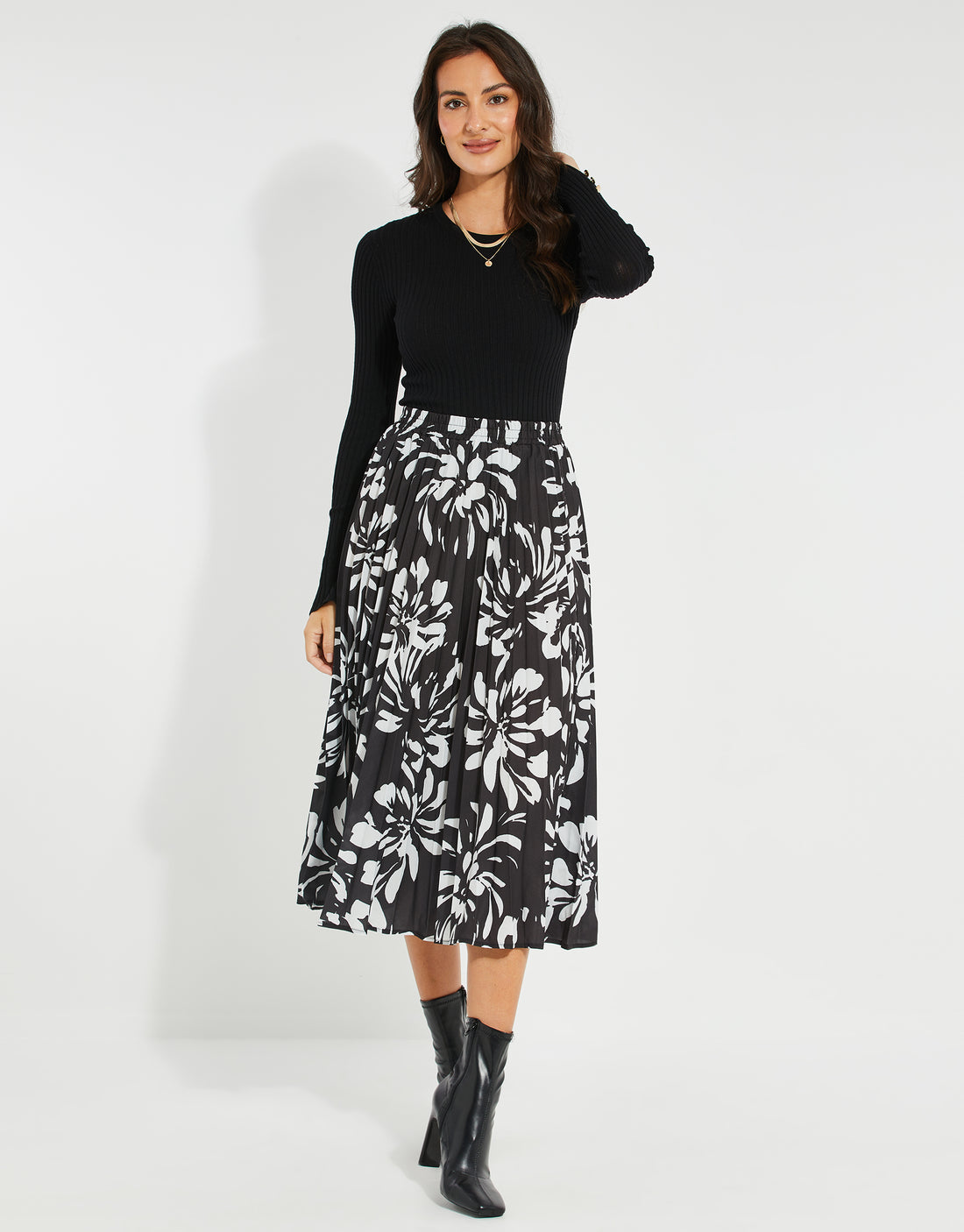 Womens Black And White Floral Print Pleated Midi Skirt Threadbare 9396