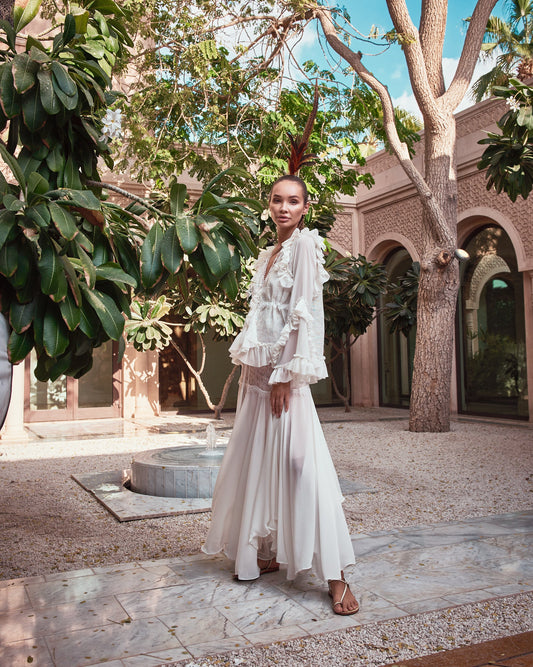 White Chiffon godet panel and Lace camisole dress