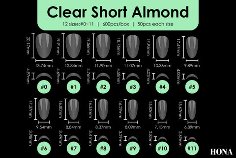 Clear short Almond tip measurements