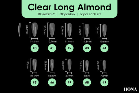 Clear long Almond tip measurements