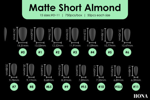 Matte short Almond tip measurements