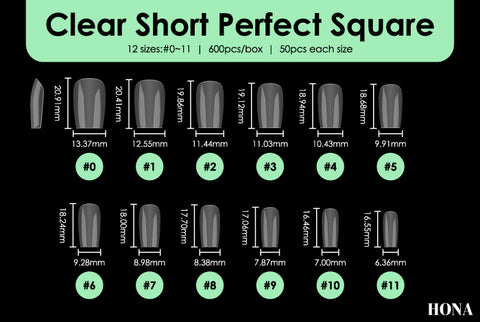 Clear short square tip measurements