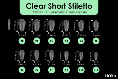 Clear Short Stiletto tip measurements