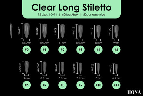 Clear Long Stiletto tip measurements
