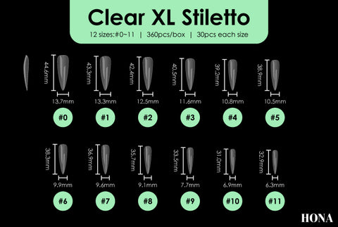 Clear XL Stiletto tip measurements