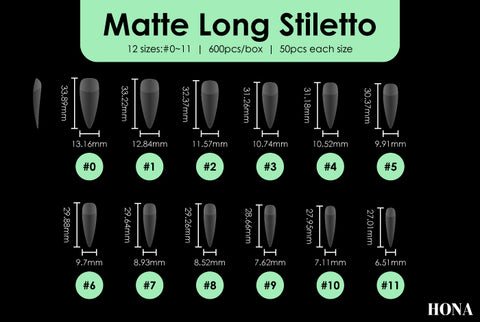 Matte Long Stiletto tip measurements