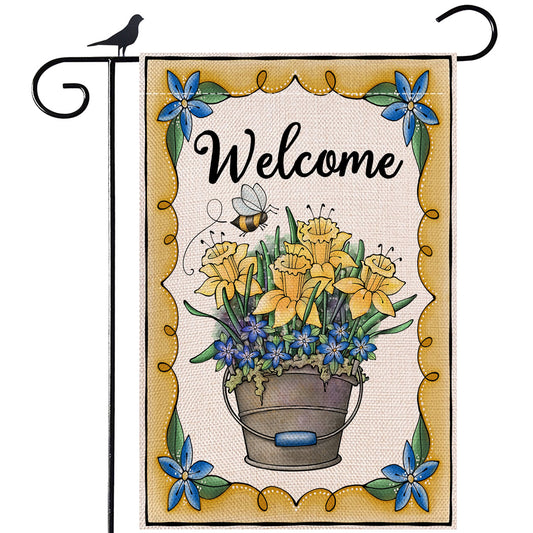 Shmbada Welcome Spring Tulip Flowers Burlap Garden Flag, Double Sided Outdoor Decorative Small Flags 12 x 18 Inch