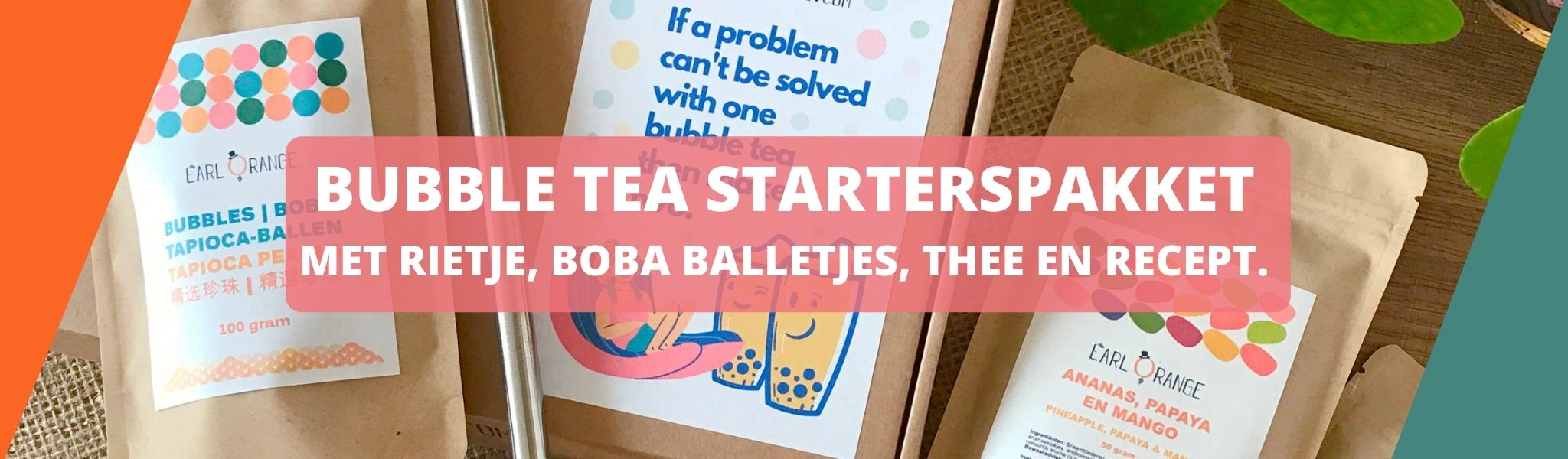 Bubble tea starterspakket met rietje, boba balletjes, thee en recept.