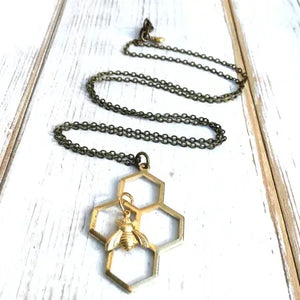 Honeycomb Necklace Gold Bee Charm