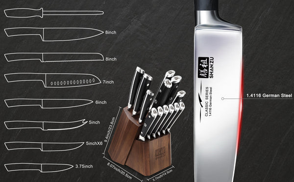 Bloc de couteaux de cuisine en acier allemand 14 pièces. Ensemble complet tout-en-un pour tous vos besoins.