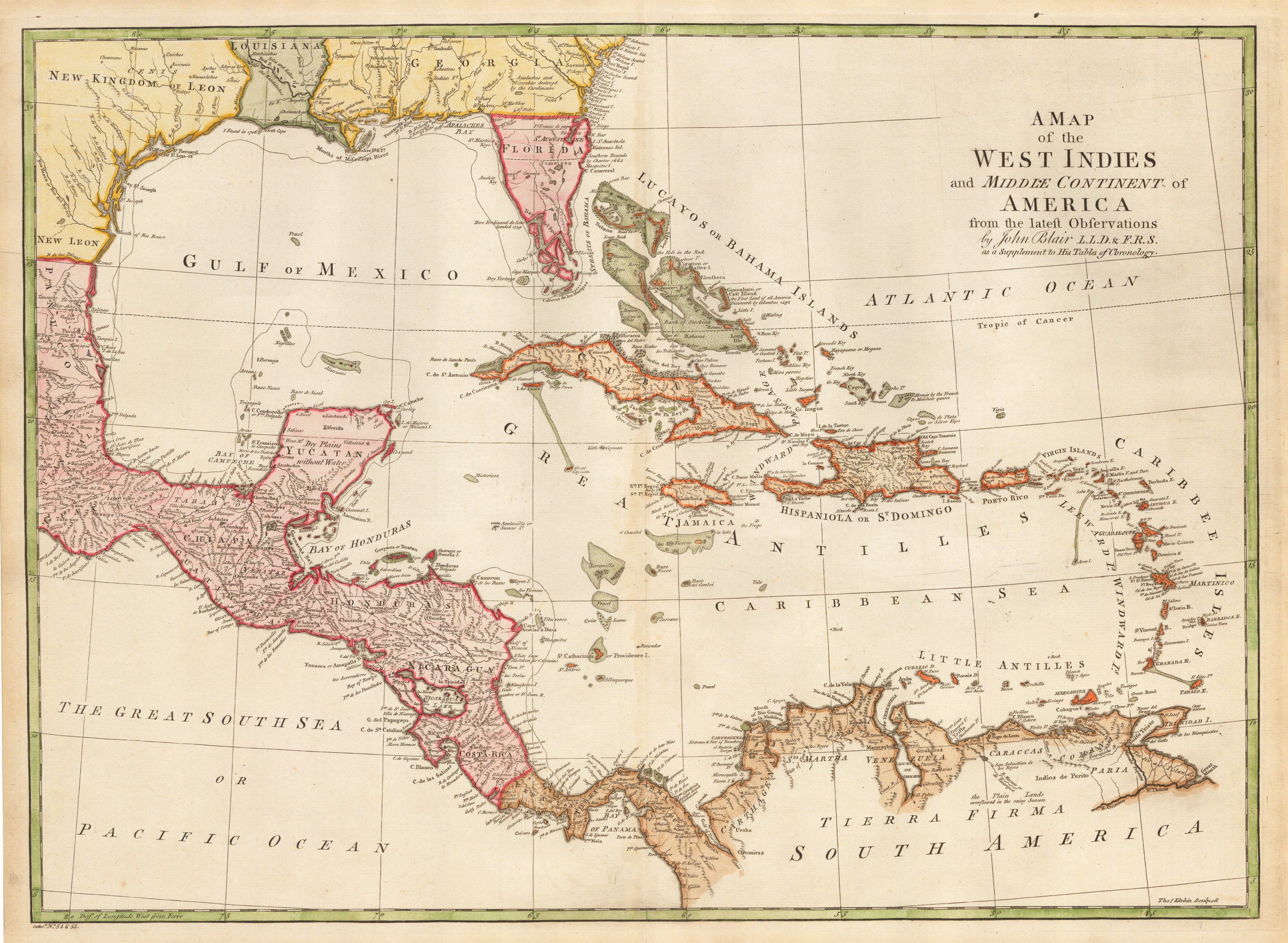 Antique Map of the West Indies or Caribbean by John Blair, 1779 New