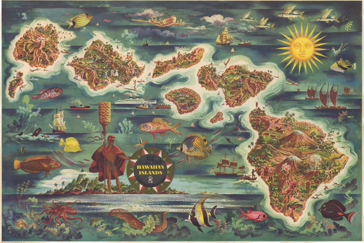 The Dole Map of the Hawaiian Islands by Hawaiian Pineapple Co. 1950 