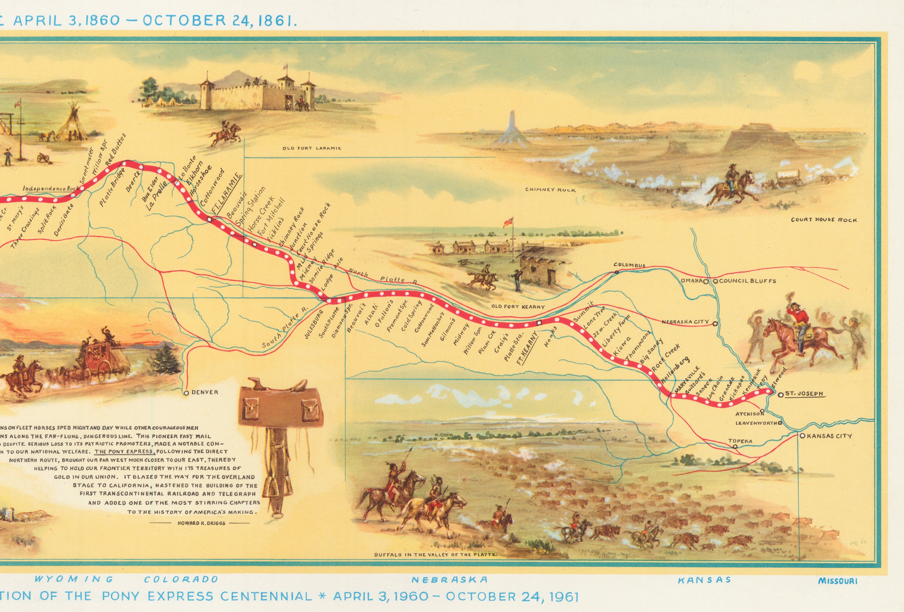 Vintage Map of the Pony Express Route April 3, 1860 – October 24, 1861 ...
