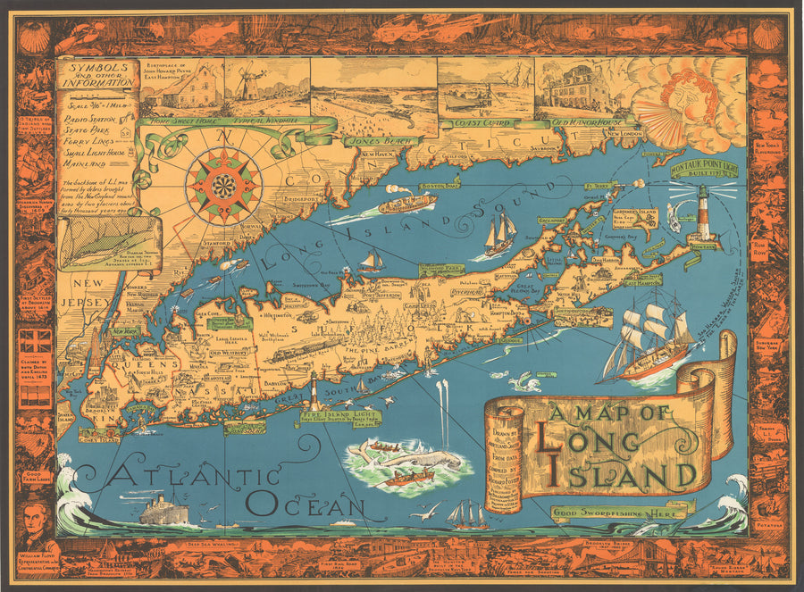 A Map of Long Island By: Courtland Smith, 1933/1961 Vintage pictorial map, Long Island, New York, Brooklyn, Queens, Southampton.
