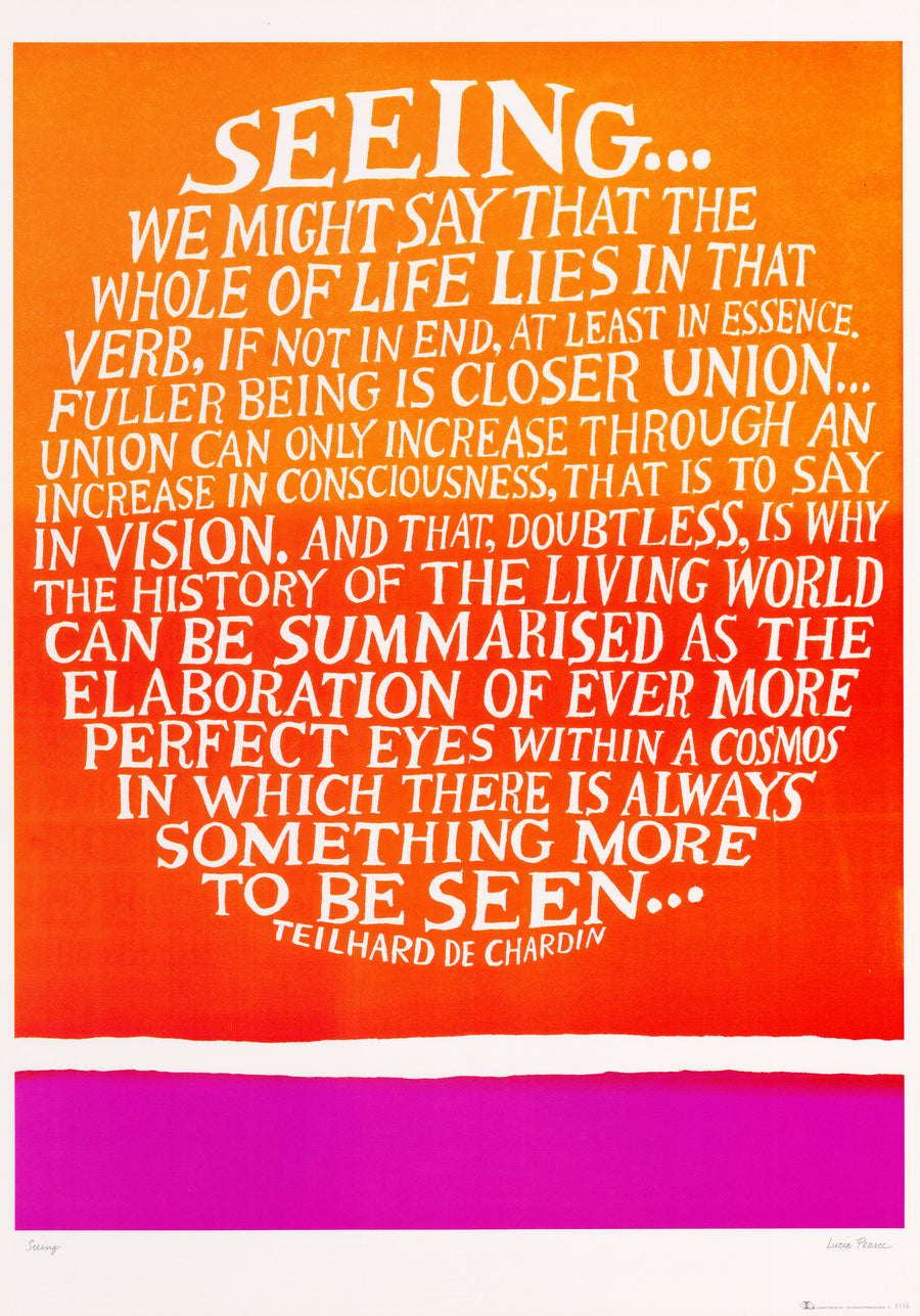 Vintage inspirational poster:  "Seeing", by Lucia Pearce, with quote from De Chardin, colorful, 60's hippie movement