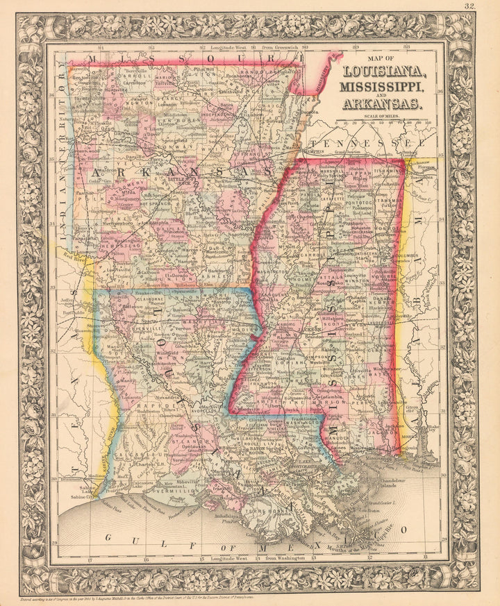 1862 Johnson Map of Louisiana, Mississippi and Arkansas Stock