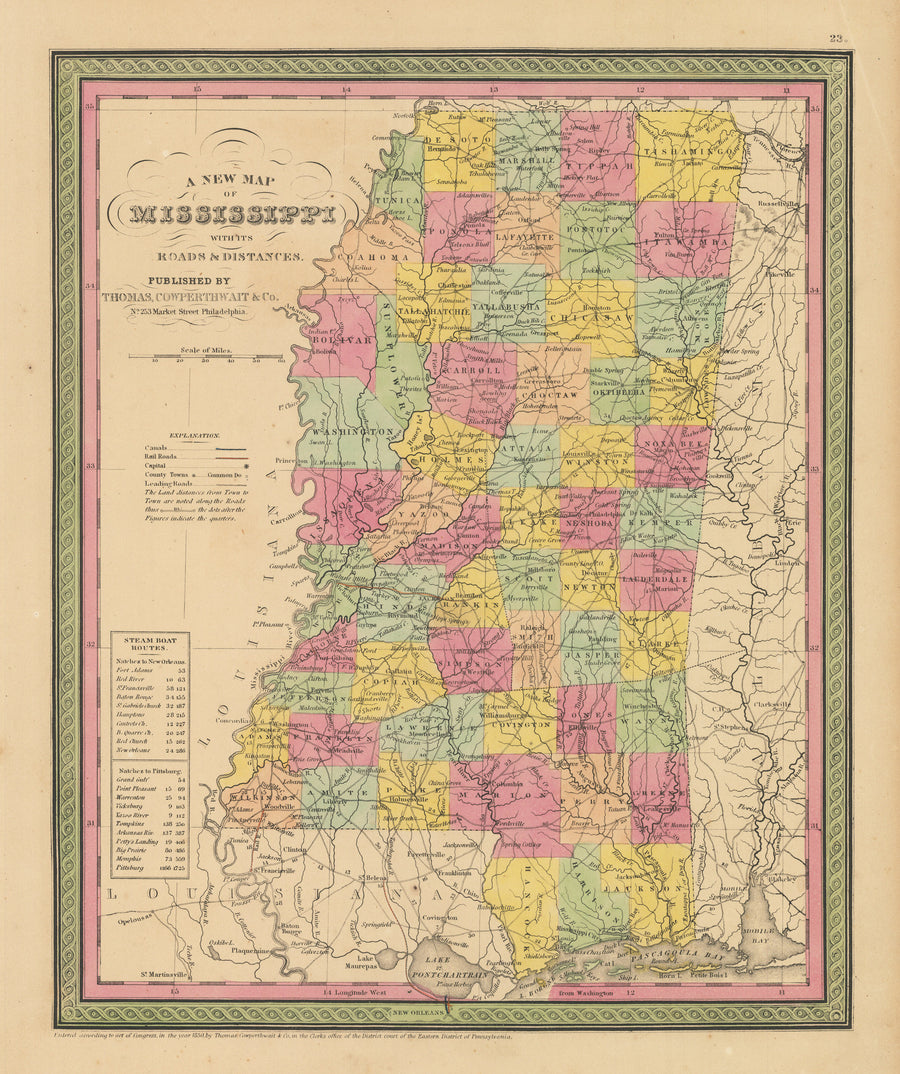 Antique Map Of Mississippi By Thomas Cowperthwait Co 1852 New   NA131 3a 900x 