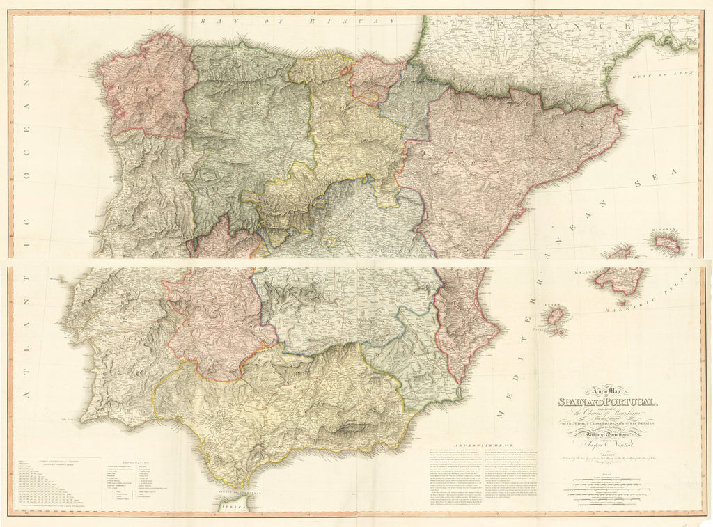 1810 A New Map Of Spain And Portugal Exhibiting The Chains Of Mountains With Their Passes The Principal Cross Roads