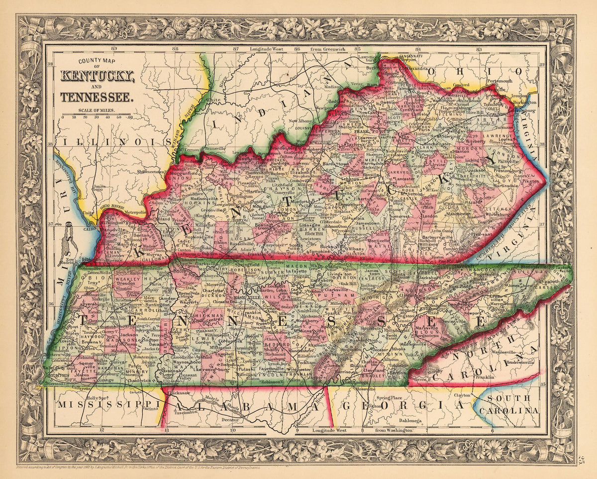 Antique Map Of Kentucky And Tennessee By Mitchell 1862 New World 9135