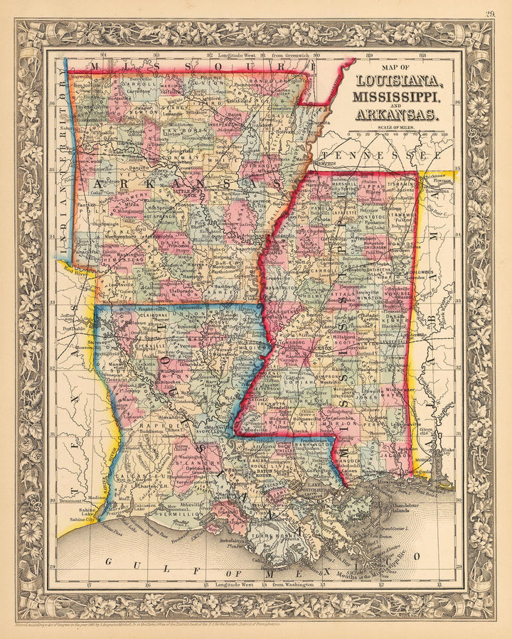 1862 Johnson Map of Louisiana, Mississippi and Arkansas Stock