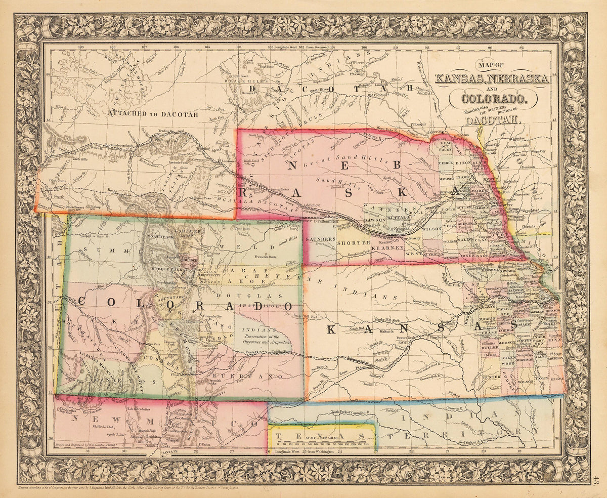 Antique Map of Kansas, Nebraska,and Colorado Mitchell 1862