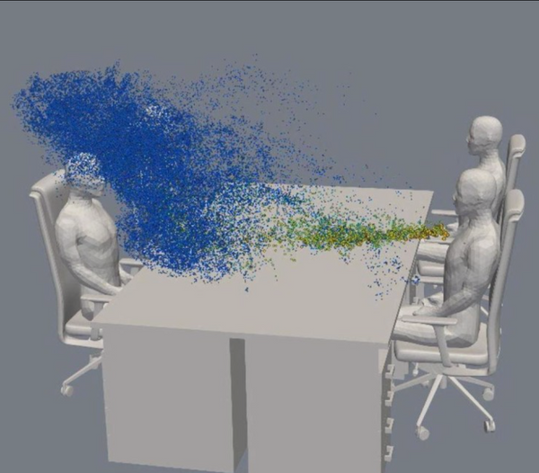 Simulation of how coughing would spread virus over face-to-face seating