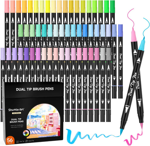 Shuttle Art Dual Tip Brush Pens Art Markers, 105 Colors Fine and Brush Dual  Tip Markers Set in Portable Case with 1 Coloring Book for Kids Adult