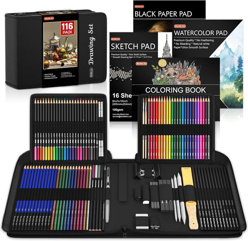 Shuttle Art 186 Piece Deluxe Art Set, Art Supplies in Wooden Case, Painting  Drawing Art Kit with Acrylic Paint Pencils Oil Pastels Watercolor Cakes