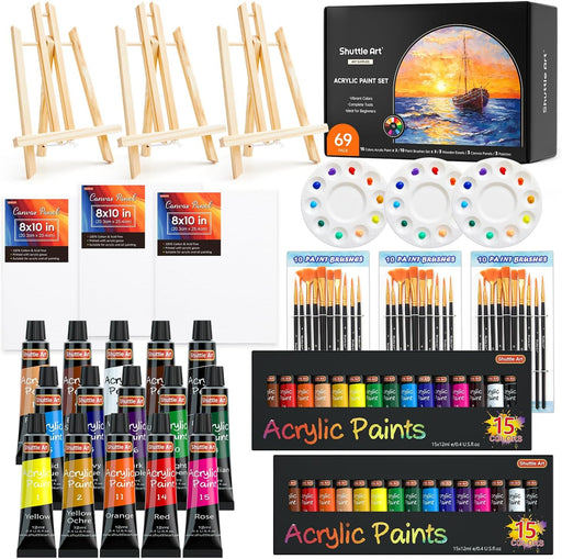 69 Pack Kids Paint Set, Shuttle Art Art Set for Kids with 30 Colors Acrylic Paint, Wood Easel, Canvas, Painting Pad, Brushes, Palette and Smock, Compl
