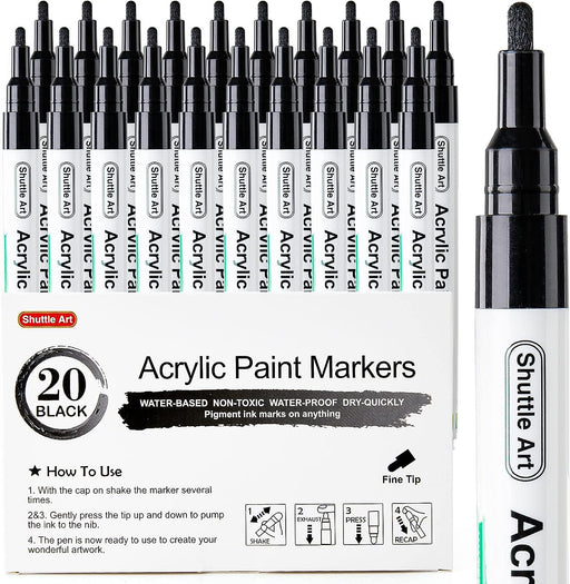 Shuttle Art White Paint Pen, 20 Pack Fine Tip Acrylic Paint Pens, Water-Based Quick Dry Paint Markers for Rock, Wood, Metal, Plastic, Glass, Canvas, C