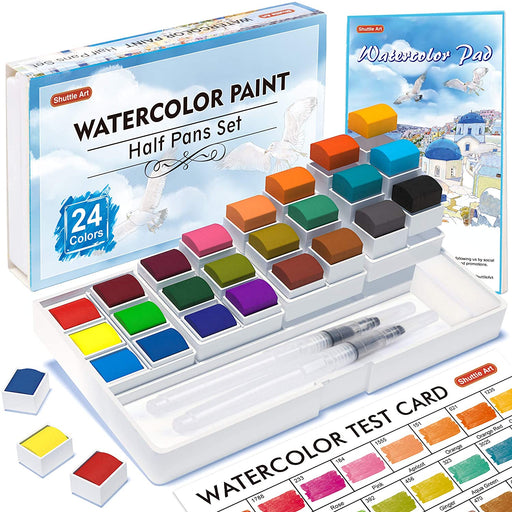 Metallic Watercolor Paints, 24-Color Watercolor Paint,Set of 24 Glitter  Colors and 24 Empty Pans,Walnut wood Case Solid Watercolor Paint Set for