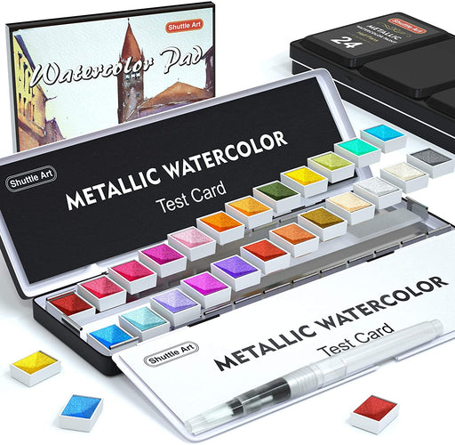 Watercolor Paint Set, Shuttle Art 24 Colors Watercolor Paint in Half Pans  with 2 Water Brush Pens, 1 Watercolor Pad, 1 Palette, 2 Color Charts,  Complete Watercolor Kit for Kids, Adults 