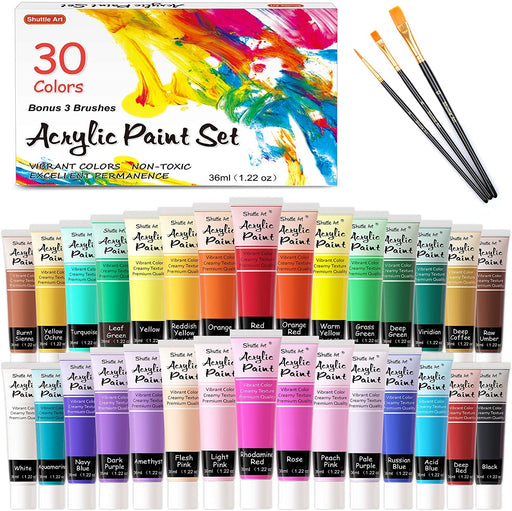 Acrylic Paint, 60ml Tubes with 3 Brushes and 1 Palette - Set of 36 —  Shuttle Art